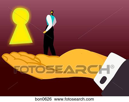 A businessman being held by a large hand that is holding him up to a key hole View Large Illustration Stock Illustration - A businessman being held by a large hand that is holding him up to a key hole. Fotosearch