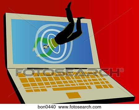 A businessman diving into the screen of a laptop View Large Illustration Clipart - A businessman diving into the screen of a laptop. Fotosearch