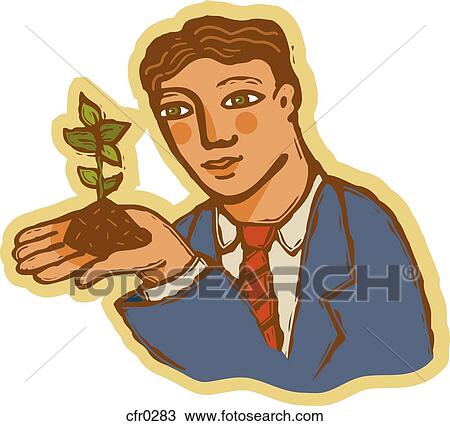 Drawing - A businessman holding a seedling. Fotosearch