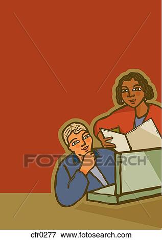 Stock Illustration - A businessman looking at his computer and his coworker holding a file. Fotosearch