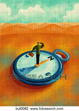 A businessman looking out into the distance while standing on a compass View Large Illustration Drawing - A businessman looking out into the distance while standing on a compass. Fotosearch