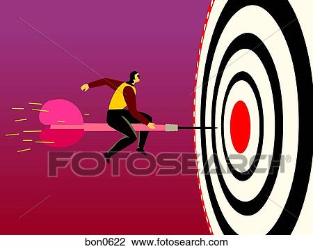 Drawing - A businessman on a dart that is headed to the bull's eye. Fotosearch