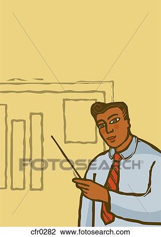 Drawing - A businessman pointing to a chart. Fotosearch