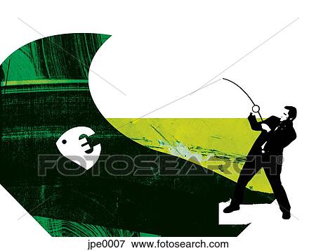 Stock Illustration - A businessman reeling in a euro with a fishing rod. Fotosearch