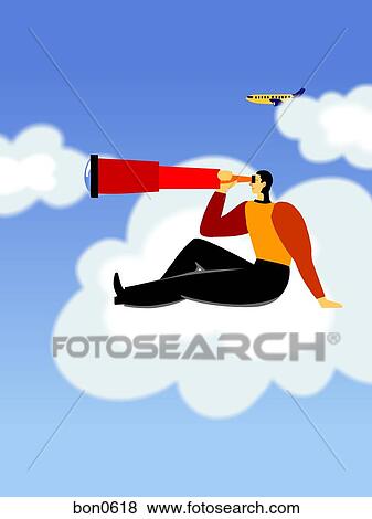 Stock Illustration - A businessman sitting on a cloud while looking in the distance through a telescope. Fotosearch