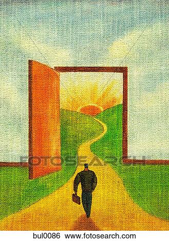 A businessman standing at the doorway to a sunny place View Large Illustration Stock Illustration - A businessman standing at the doorway to a sunny place. Fotosearch