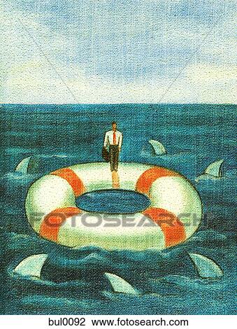 A businessman standing on a lifesaver that is surrounded by sharks View Large Illustration Drawing - A businessman standing on a lifesaver that is surrounded by sharks. Fotosearch