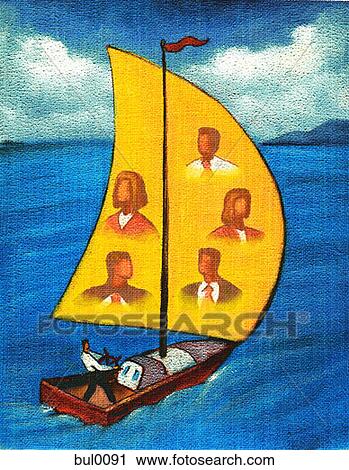 Clip Art - A businessman steering a ship with faces of business people on the sails. Fotosearch