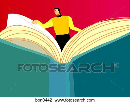 Drawing - A businessman turning the pages of a giant book. Fotosearch