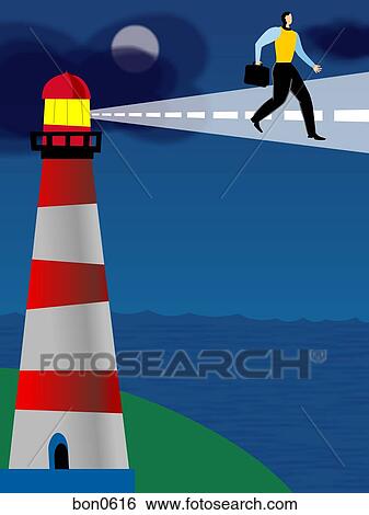 Stock Illustration - A businessman walking on a path that is lit by a lighthouse. Fotosearch