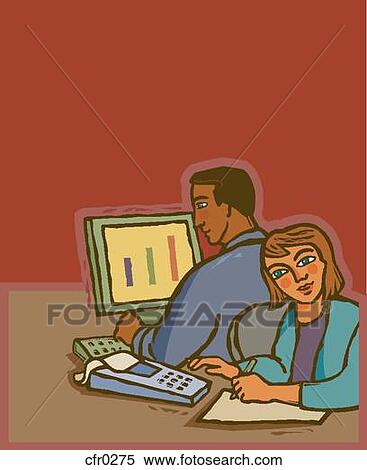 A businessman working on a computer and a businesswoman using a calculator View Large Illustration Stock Illustration - A businessman working on a computer and a businesswoman using a calculator. Fotosearch