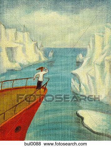 Stock Illustration - A businesswoman on a ship looking at the icebergs in the water. Fotosearch