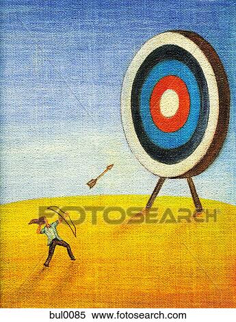 Stock Illustration - A businesswoman shooting a bow and arrow at a dart board. Fotosearch
