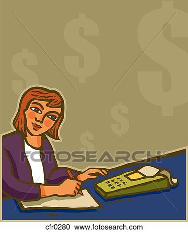 Clipart - A businesswoman using a calculator while writing on paper. Fotosearch