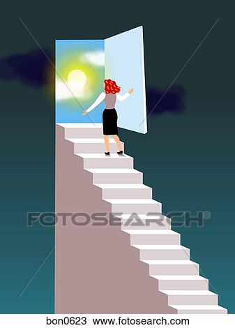 Drawing - A businesswoman walking up the stairs through a door that leads to a sunny sky. Fotosearch