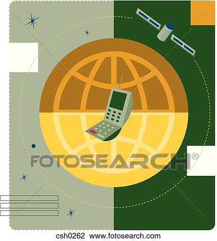 Drawing - A cell phone on a globe. Fotosearch