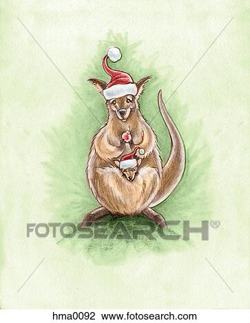 Drawing - A christmas image of a kangaroo with a joey in its pouch with both roos wearing santa hats. Fotosearch