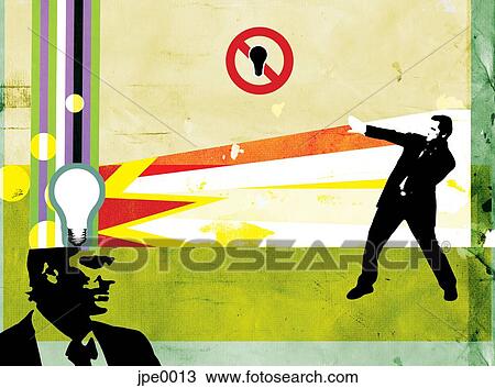 Drawing - A collage of a businessman with a lightbulb above his head to signify an idea. Fotosearch