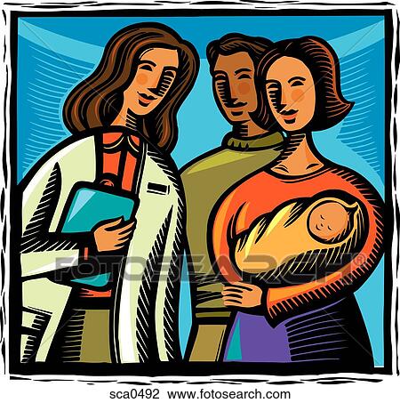 Drawing - a couple holding a newborn baby while talking to a physician. Fotosearch