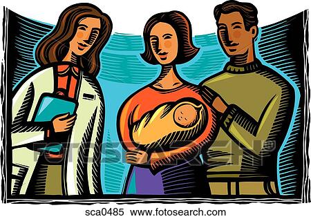 Stock Illustration - a couple with their newborn baby talking to their doctor. Fotosearch