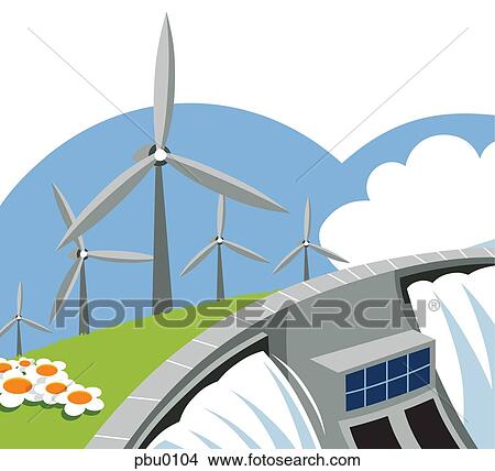 A drawing of windmills by a dam View Large Illustration Stock Illustration - A drawing of windmills by a dam. Fotosearch