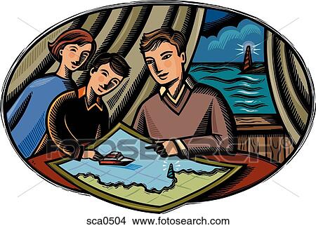 Stock Illustration - A father teaching his children how to read nautical charts. Fotosearch