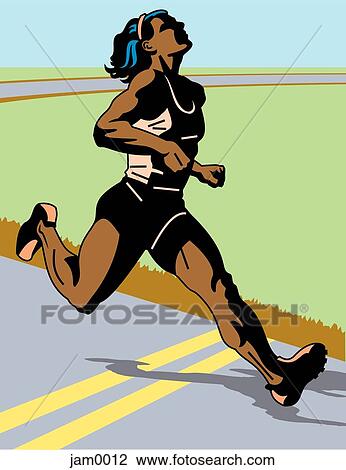 Drawing - A female runner reaching the end of the line. Fotosearch