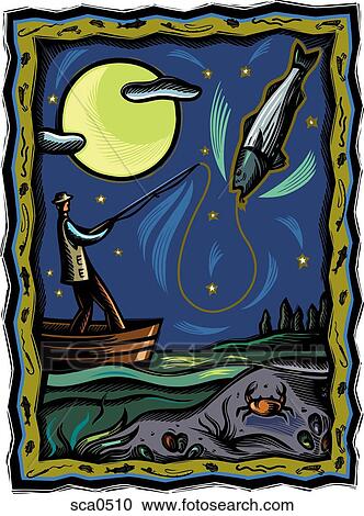 Clipart - A fisherman standing on a boat reeling in a big fish. Fotosearch