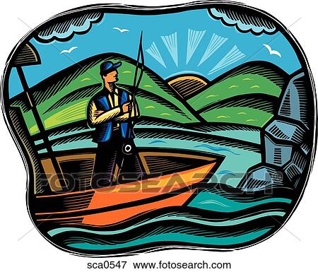 Stock Illustration - A fisherman standing on his boat holding a fishing pole. Fotosearch