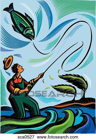 A fisherman wearing hip waders reeling in a big fish on a windy day View Large Illustration Stock Illustration - A fisherman wearing hip waders reeling in a big fish on a windy day. Fotosearch