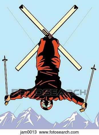 A freestyle skier in mid air View Large Illustration Drawing - A freestyle skier in mid air. Fotosearch