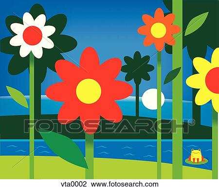 Drawing - A frog in the water surrounded by tall flowers. Fotosearch