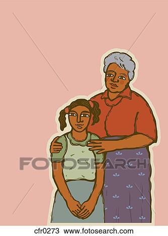 Drawing - A grandmother with her young granddaughter. Fotosearch