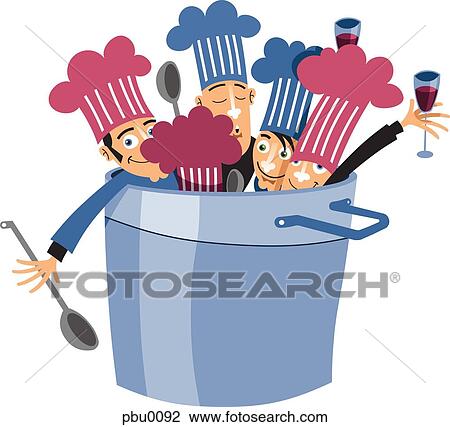 Drawing - A group of chefs in a stock pot. Fotosearch
