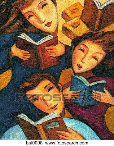 Stock Illustration - A group of three people reading books. Fotosearch