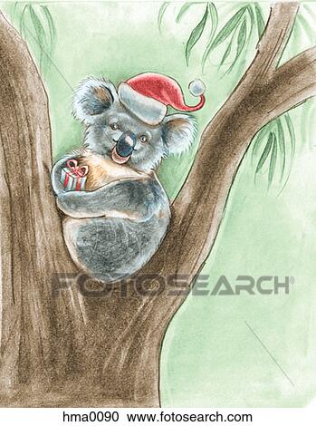 A Koala Bear Holding A Present And Wearing A Santa Hat While