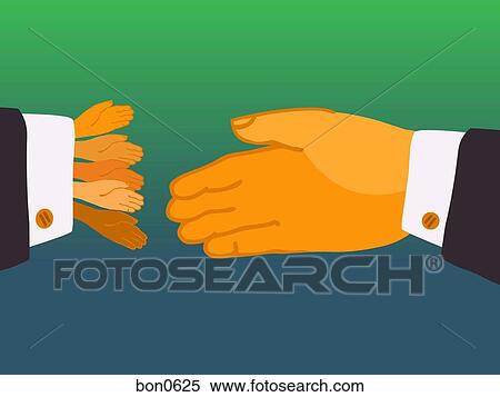 Stock Illustration - A large hand shaking hands with five little hands. Fotosearch