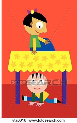 Stock Illustration - A little boy hiding underneath a table. Fotosearch