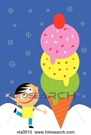 A little boy looking at a giant ice cream cone View Large Illustration Stock Illustration - A little boy looking at a giant ice cream cone. Fotosearch