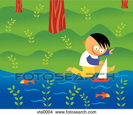 Stock Illustration - A little boy playing with a toy sailboat by the water. Fotosearch