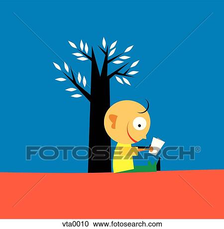 Clipart - A little boy reading against the trunk of a tree. Fotosearch