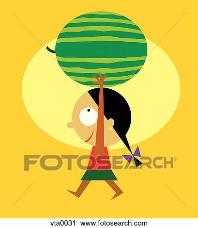 A little girl carrying a large watermelon above her head View Large Illustration Clip Art - A little girl carrying a large watermelon above her head. Fotosearch