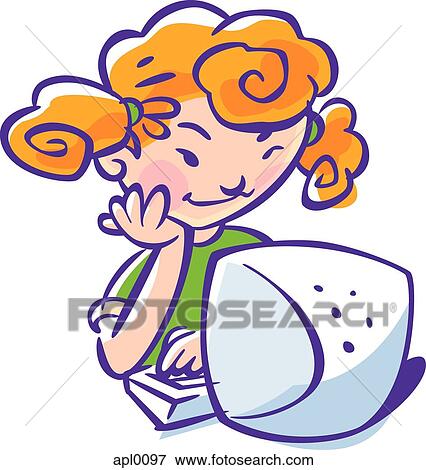 Stock Illustration - A little girl infront of a computer. Fotosearch