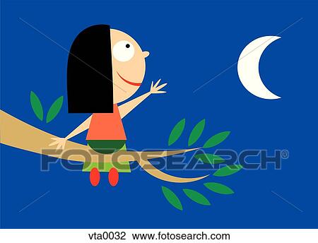 Drawing - A little girl sitting on a branch trying to reach the moon. Fotosearch