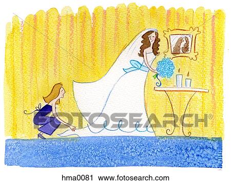 A maid of honor fixing the bride's dress View Large Illustration Clip Art - A maid of honor fixing the bride's dress. Fotosearch