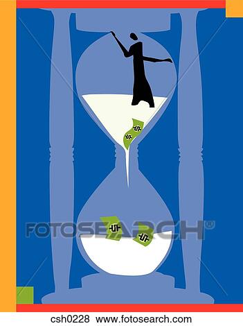 Stock Illustration - A man and money going down an hourglass. Fotosearch