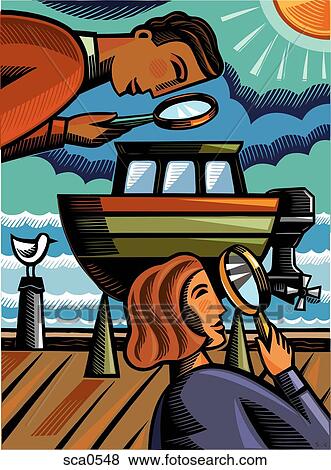 A man and woman inspecting a boat with magnifying glasses View Large Illustration Stock Illustration - A man and woman inspecting a boat with magnifying glasses. Fotosearch