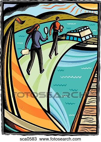 Drawing - A man and woman walking towards a boat to inspect it. Fotosearch