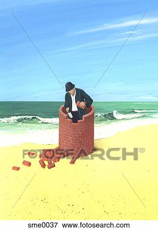 Stock Illustration - A man building a brick wall. Fotosearch