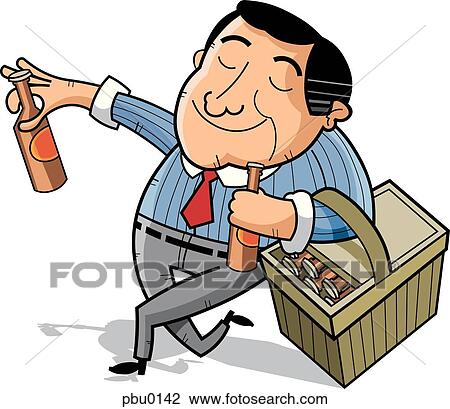 Drawing - A man carrying a basket full of beverages. Fotosearch